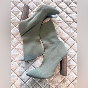 Yeezy Olive Green Knit Sock Boot with Block Heel